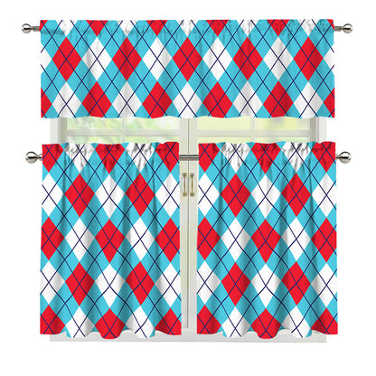 Red Blue And White Argyle Pattern Print 3 Piece Kitchen Curtains