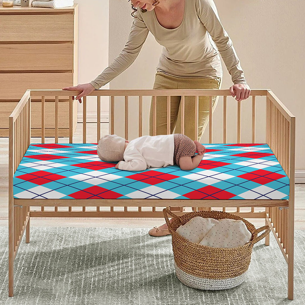Red Blue And White Argyle Pattern Print Baby Crib Sheet
