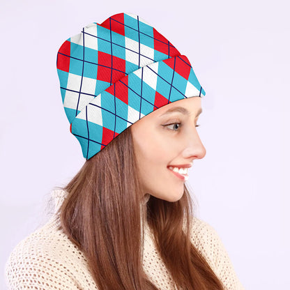 Red Blue And White Argyle Pattern Print Beanie