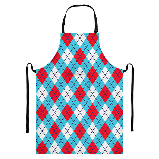 Red Blue And White Argyle Pattern Print Bib Apron With Pocket