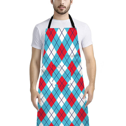 Red Blue And White Argyle Pattern Print Bib Apron With Pocket
