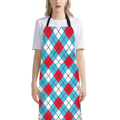 Red Blue And White Argyle Pattern Print Bib Apron With Pocket