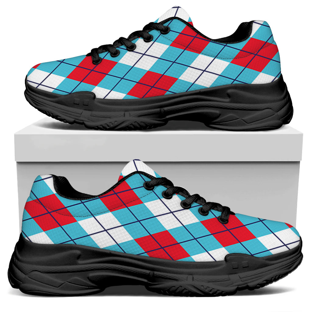 Red Blue And White Argyle Pattern Print Black Chunky Shoes