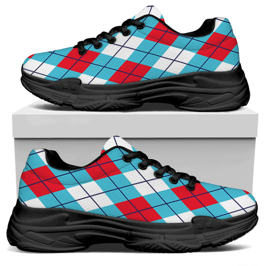 Red Blue And White Argyle Pattern Print Black Chunky Shoes