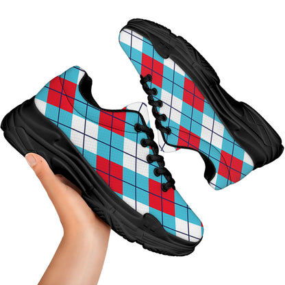 Red Blue And White Argyle Pattern Print Black Chunky Shoes