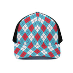 Red Blue And White Argyle Pattern Print Black Mesh Trucker Cap