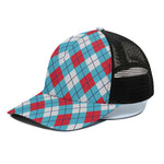 Red Blue And White Argyle Pattern Print Black Mesh Trucker Cap