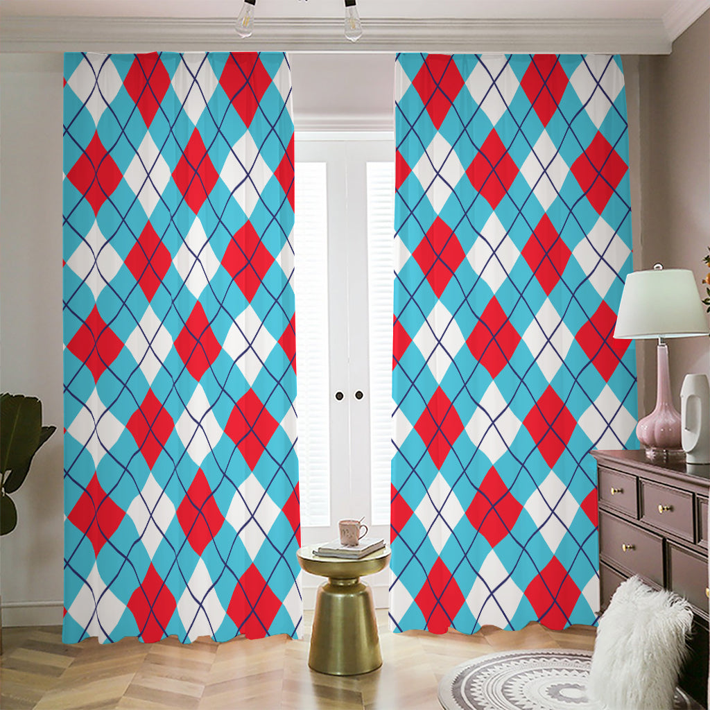 Red Blue And White Argyle Pattern Print Blackout Pencil Pleat Curtains