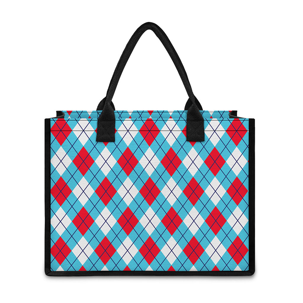 Red Blue And White Argyle Pattern Print Canvas Tote Bag