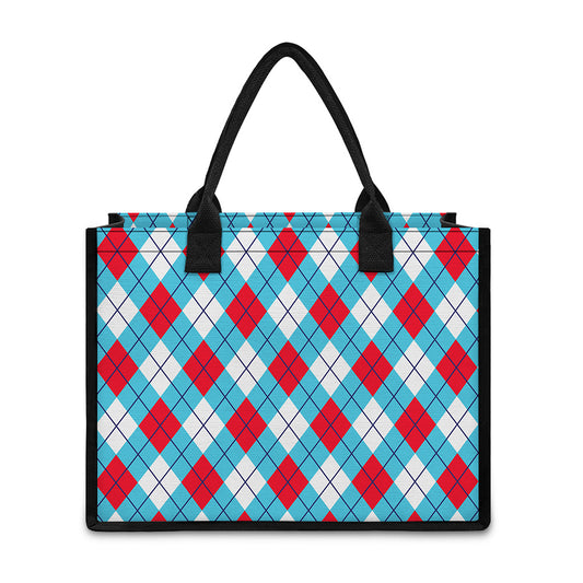 Red Blue And White Argyle Pattern Print Canvas Tote Bag