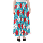 Red Blue And White Argyle Pattern Print Chiffon Maxi Skirt