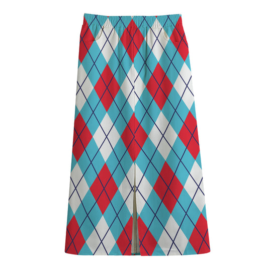Red Blue And White Argyle Pattern Print Cotton Front Slit Maxi Skirt