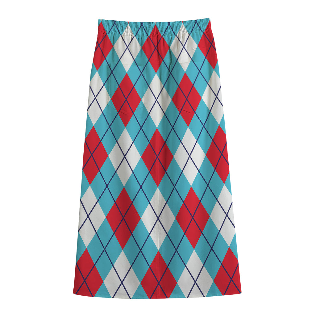 Red Blue And White Argyle Pattern Print Cotton Front Slit Maxi Skirt
