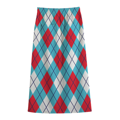 Red Blue And White Argyle Pattern Print Cotton Front Slit Maxi Skirt