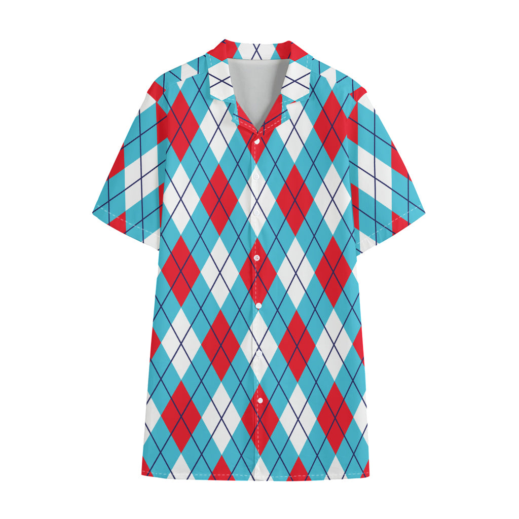 Red Blue And White Argyle Pattern Print Cotton Hawaiian Shirt