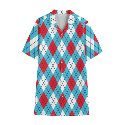 Red Blue And White Argyle Pattern Print Cotton Hawaiian Shirt