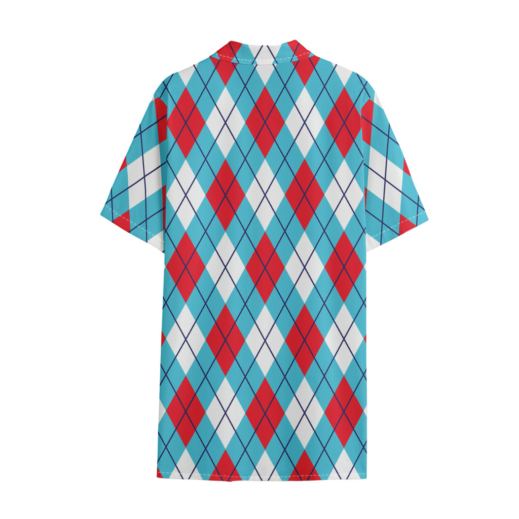 Red Blue And White Argyle Pattern Print Cotton Hawaiian Shirt