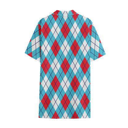 Red Blue And White Argyle Pattern Print Cotton Hawaiian Shirt