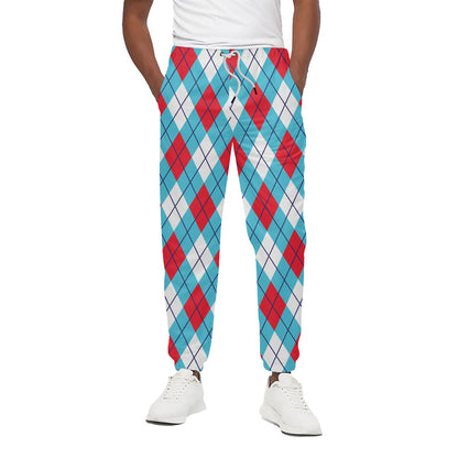 Red Blue And White Argyle Pattern Print Cotton Pants