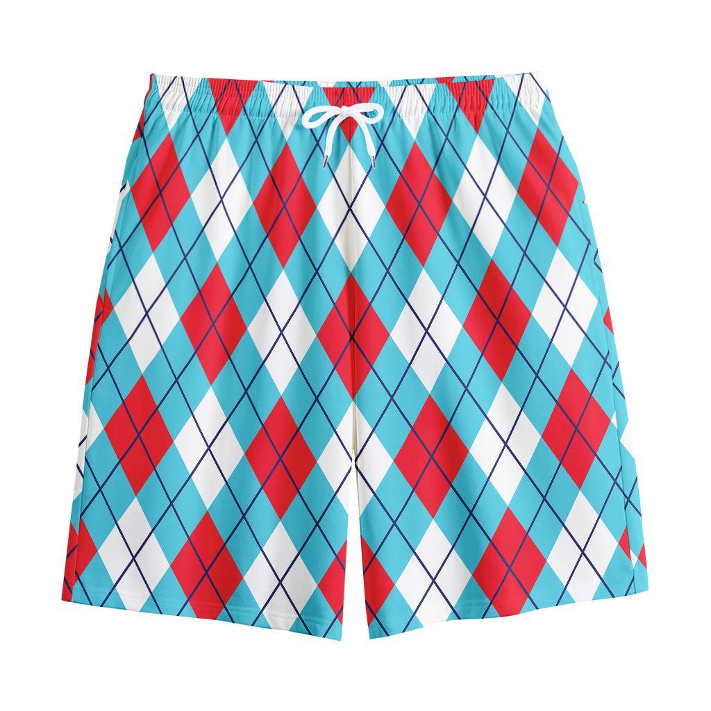 Red Blue And White Argyle Pattern Print Cotton Shorts