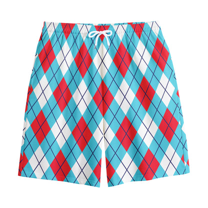 Red Blue And White Argyle Pattern Print Cotton Shorts