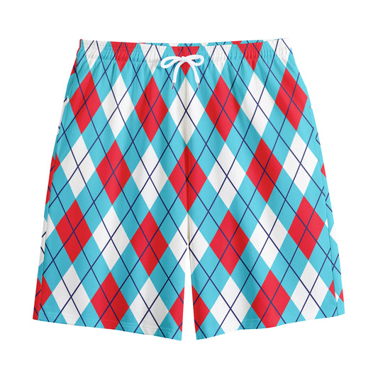 Red Blue And White Argyle Pattern Print Cotton Shorts