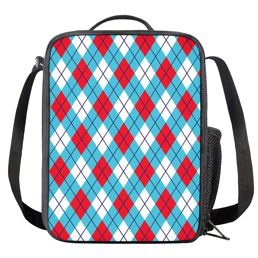 Red Blue And White Argyle Pattern Print Crossbody Lunch Bag