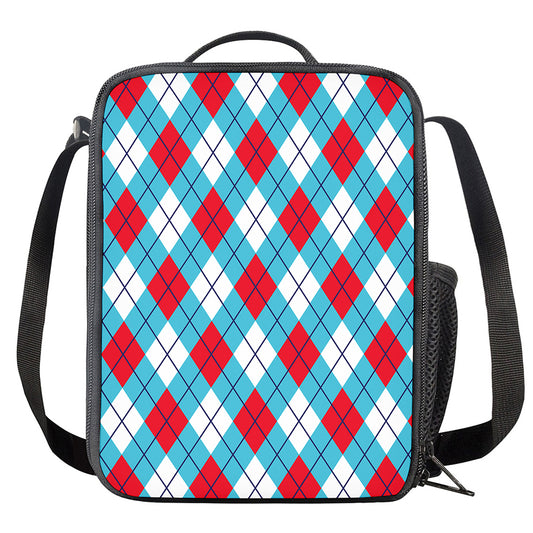 Red Blue And White Argyle Pattern Print Crossbody Lunch Bag