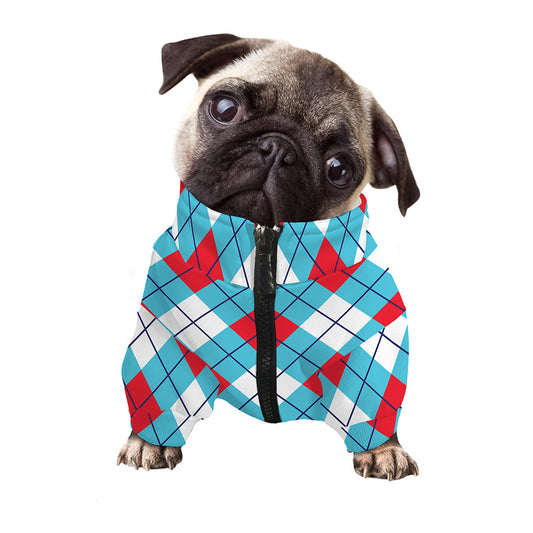 Red Blue And White Argyle Pattern Print Dog Zip Up Jacket