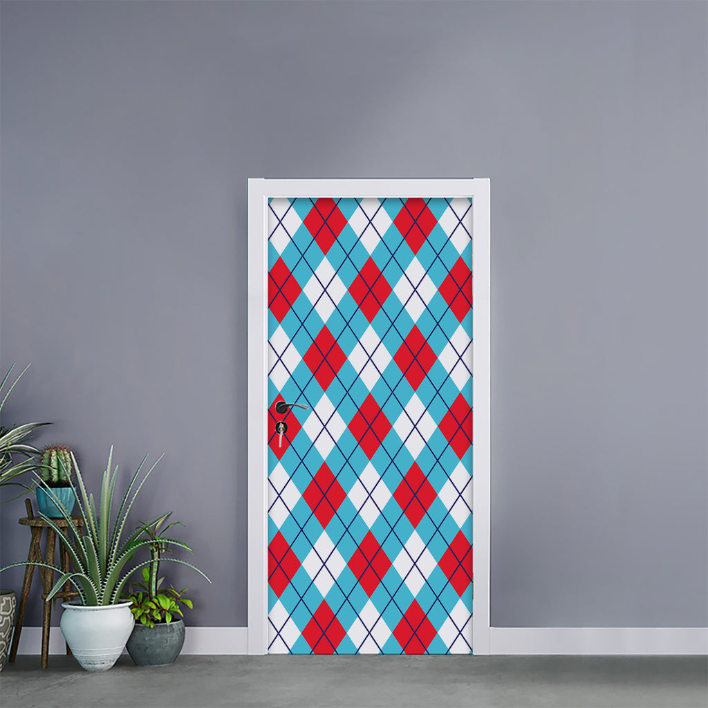 Red Blue And White Argyle Pattern Print Door Sticker