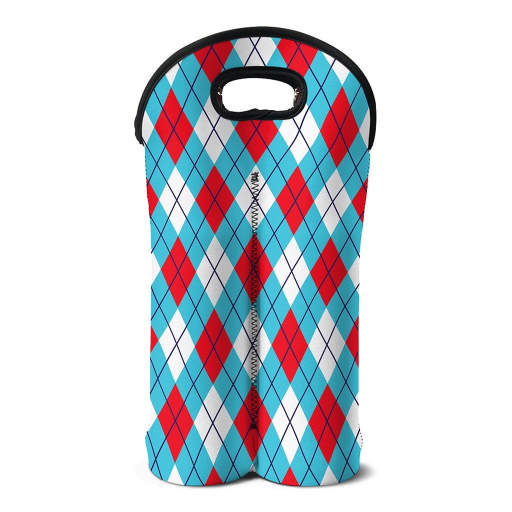 Red Blue And White Argyle Pattern Print Double Neoprene Wine Tote