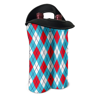 Red Blue And White Argyle Pattern Print Double Neoprene Wine Tote