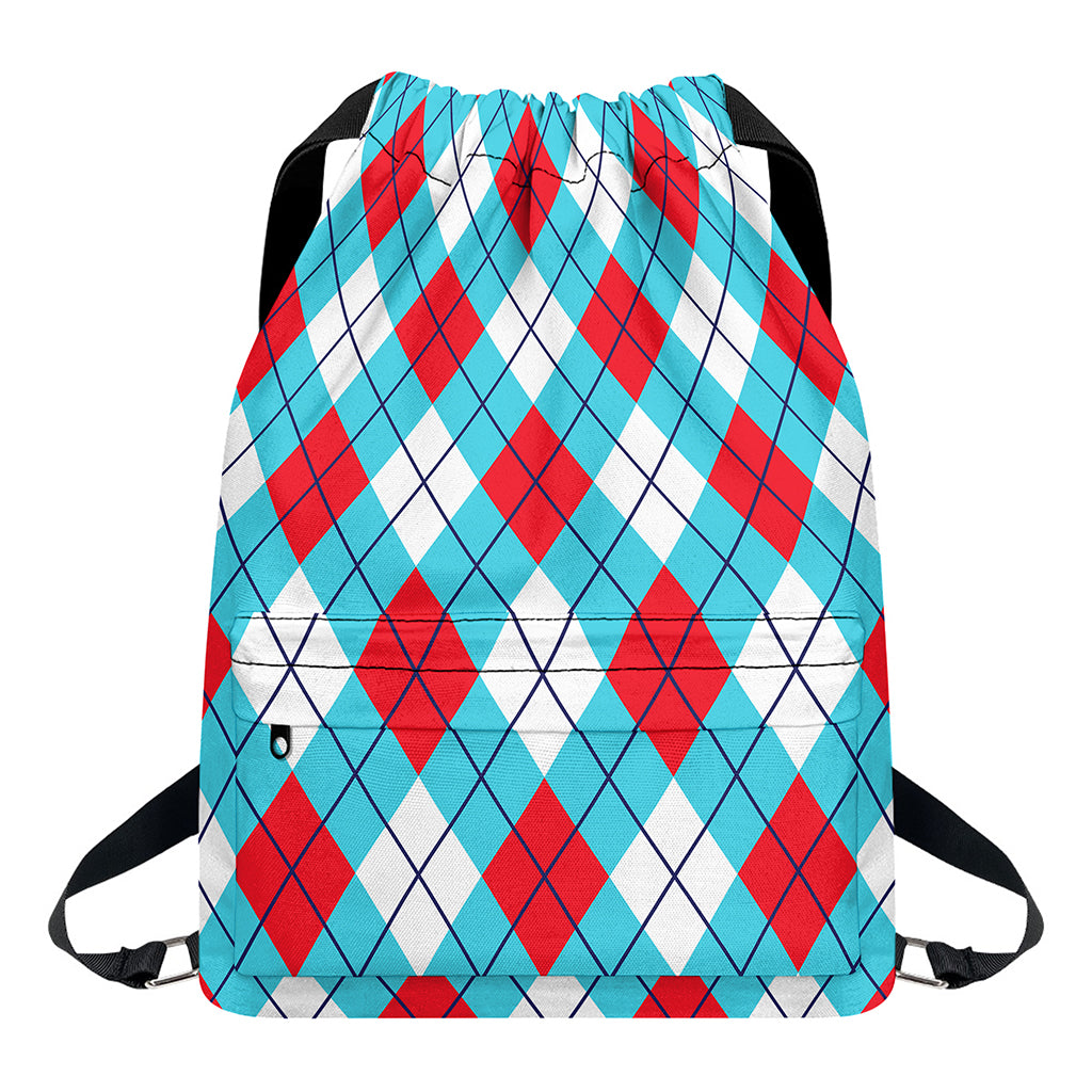Red Blue And White Argyle Pattern Print Drawstring Backpack