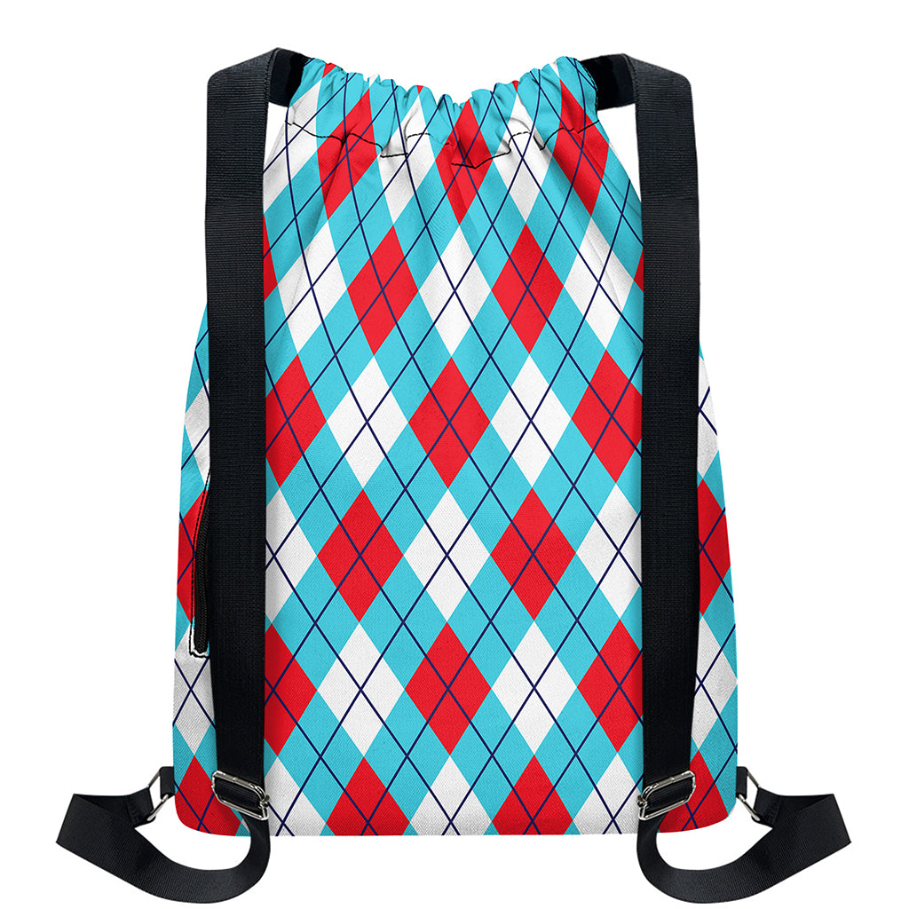 Red Blue And White Argyle Pattern Print Drawstring Backpack
