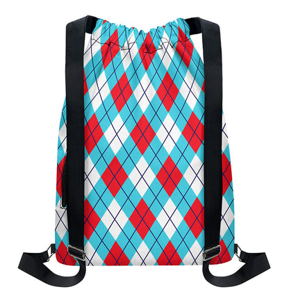 Red Blue And White Argyle Pattern Print Drawstring Backpack