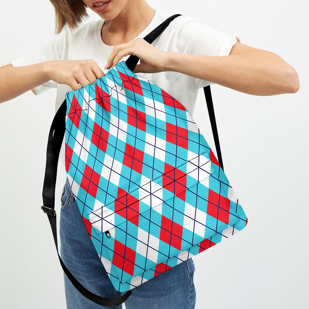 Red Blue And White Argyle Pattern Print Drawstring Backpack