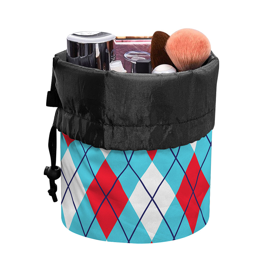Red Blue And White Argyle Pattern Print Drawstring Makeup Bag
