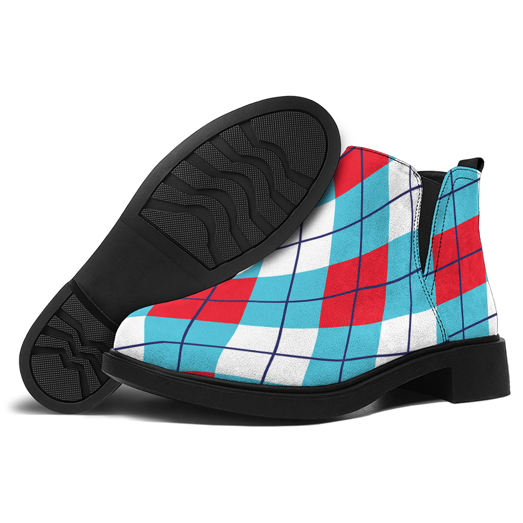 Red Blue And White Argyle Pattern Print Flat Ankle Boots