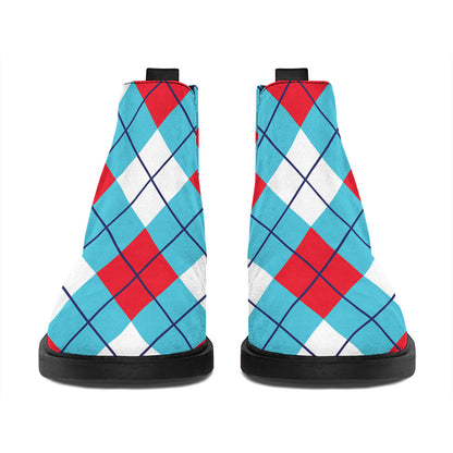 Red Blue And White Argyle Pattern Print Flat Ankle Boots