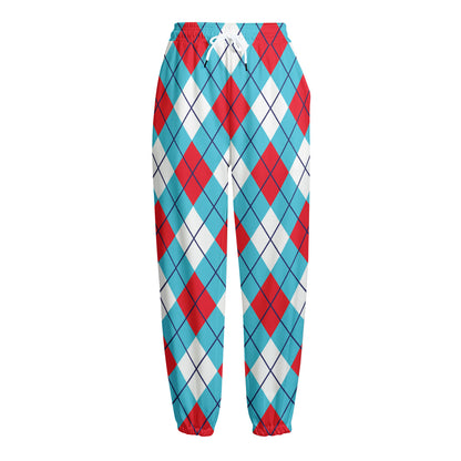 Red Blue And White Argyle Pattern Print Fleece Lined Knit Pants