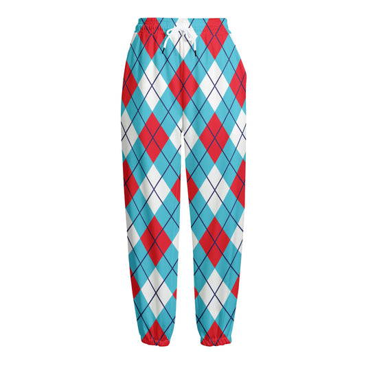 Red Blue And White Argyle Pattern Print Fleece Lined Knit Pants