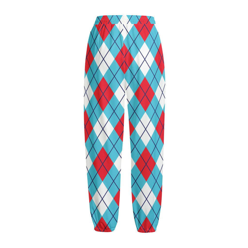 Red Blue And White Argyle Pattern Print Fleece Lined Knit Pants