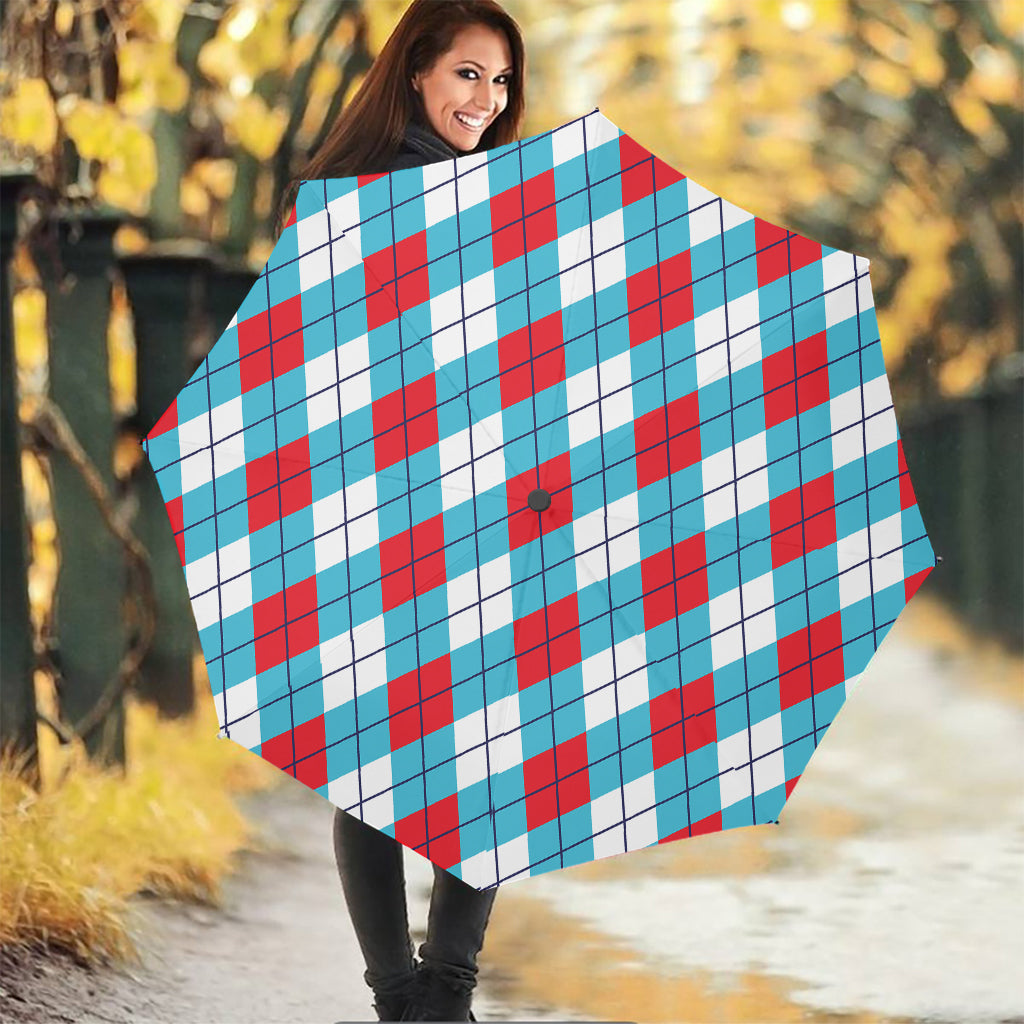 Red Blue And White Argyle Pattern Print Foldable Umbrella