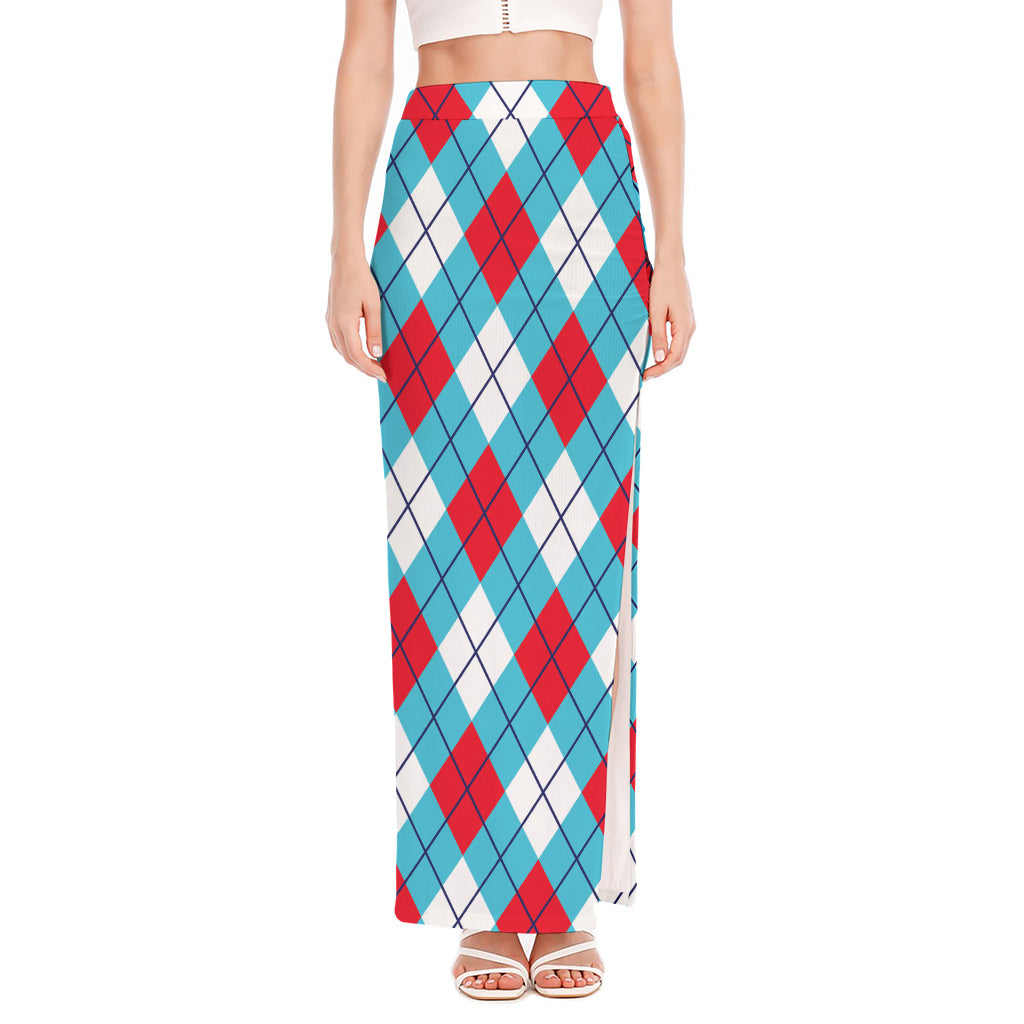 Red Blue And White Argyle Pattern Print High Slit Maxi Skirt