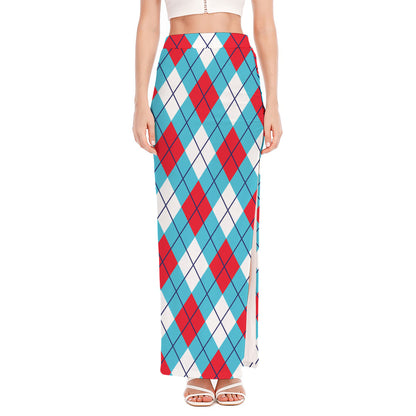 Red Blue And White Argyle Pattern Print High Slit Maxi Skirt