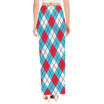 Red Blue And White Argyle Pattern Print High Slit Maxi Skirt