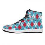 Red Blue And White Argyle Pattern Print High Top Leather Sneakers