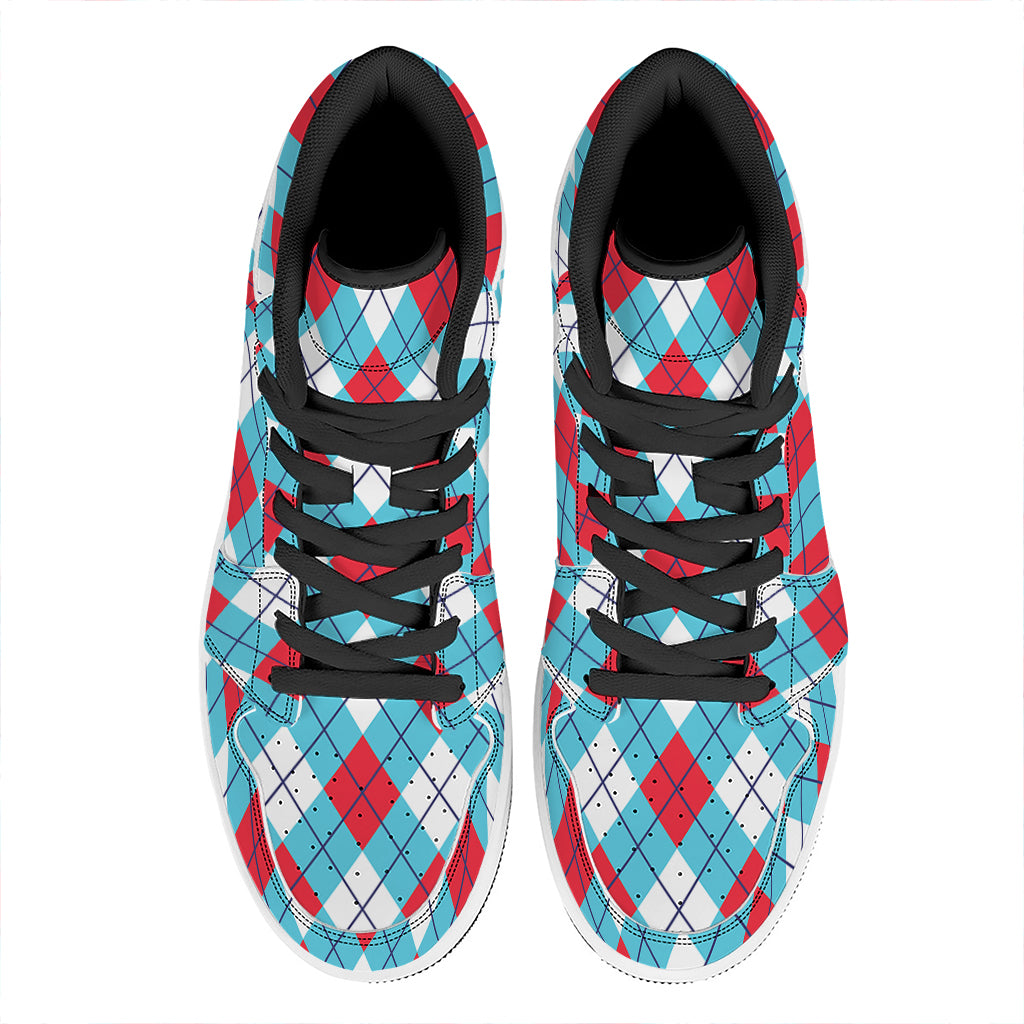 Red Blue And White Argyle Pattern Print High Top Leather Sneakers