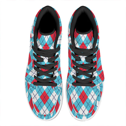 Red Blue And White Argyle Pattern Print High Top Leather Sneakers