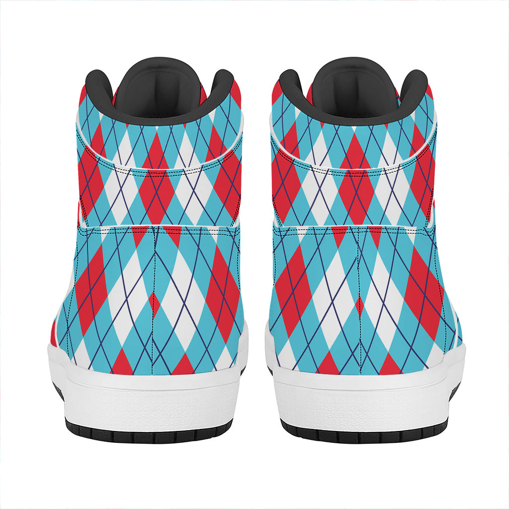 Red Blue And White Argyle Pattern Print High Top Leather Sneakers